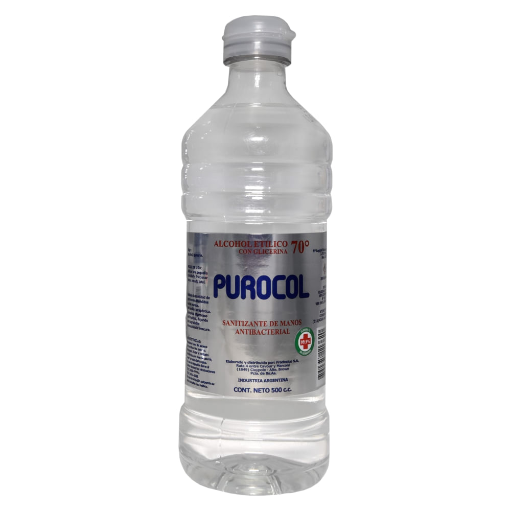 Alcohol Etílico Purocol 70° Con Glicerina 500 Ml.