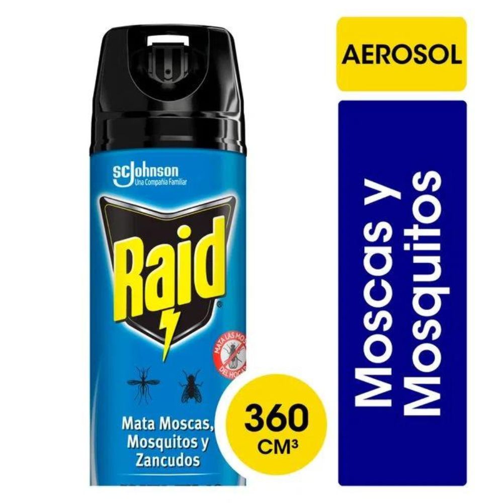 Insecticida Raid Mata Moscas y Mosquitos Nueva Fórmula x2 más rápido en Aerosol 360 Ml.