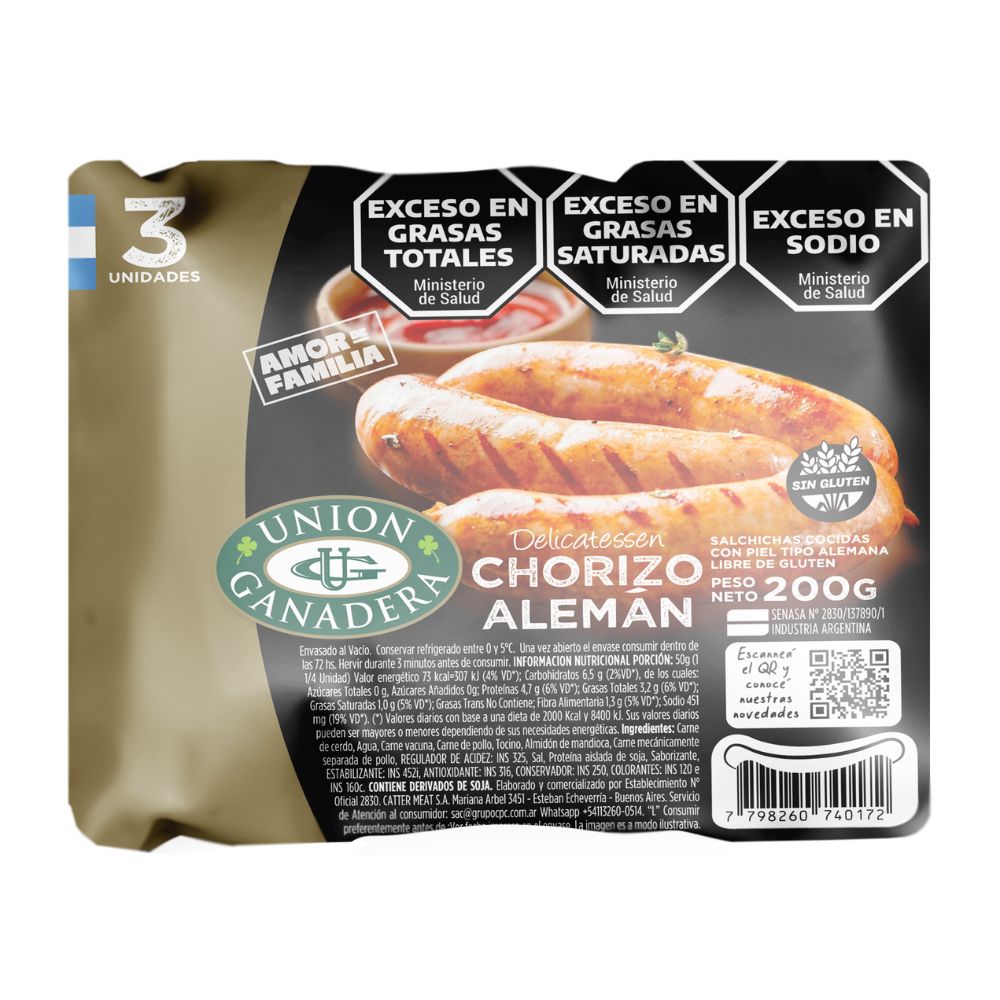 Salchicha Alemana con Piel Unión Ganadera 200 Gr.