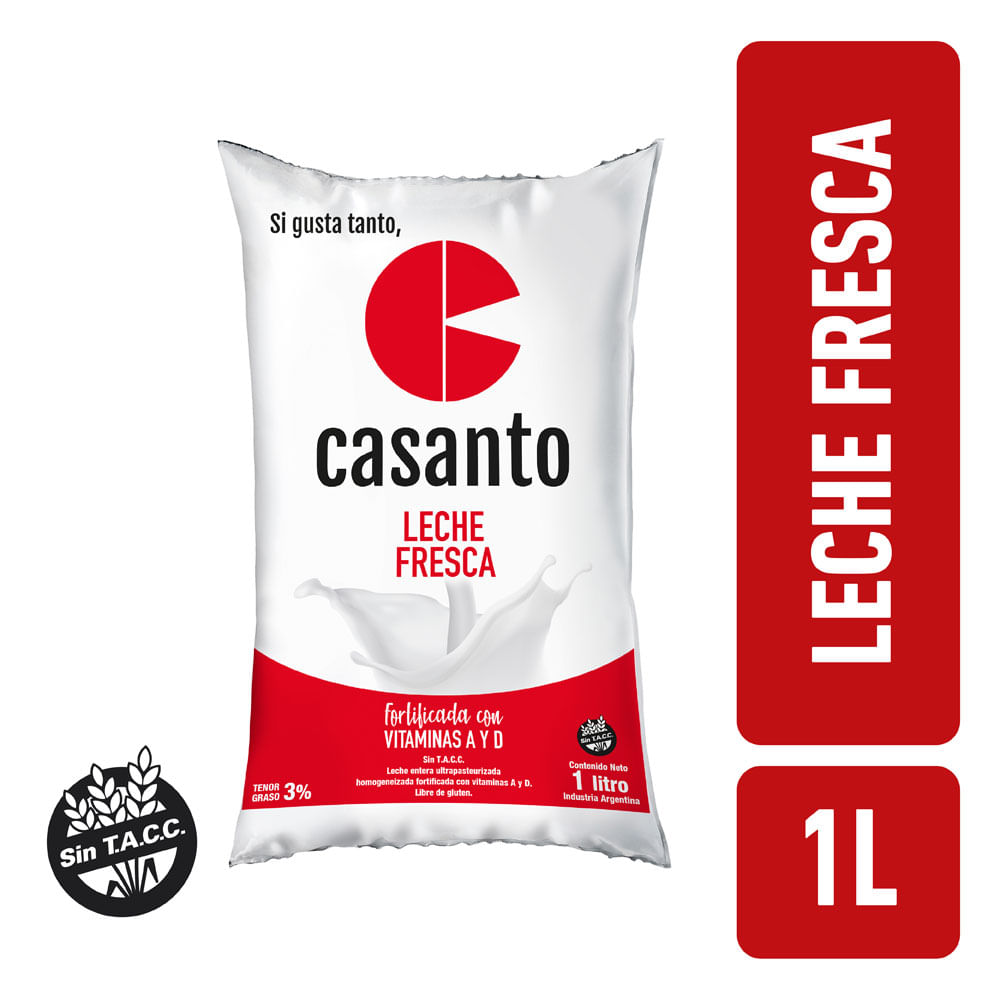 Leche Fresca Entera 3% Fortificada Casanto Sachet 1 Lt.