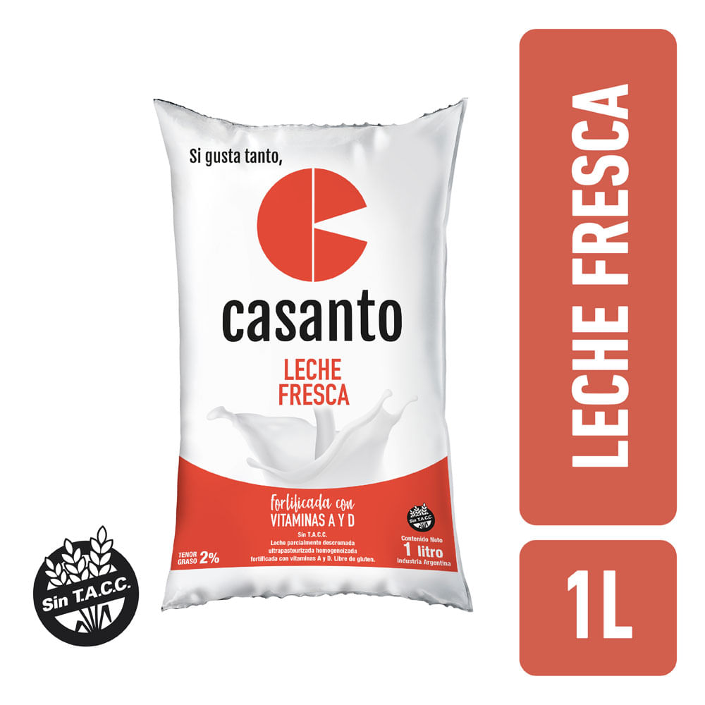 Leche Fresca Parc. Descremada 2% Fortificada Casanto Sachet 1 Lt.