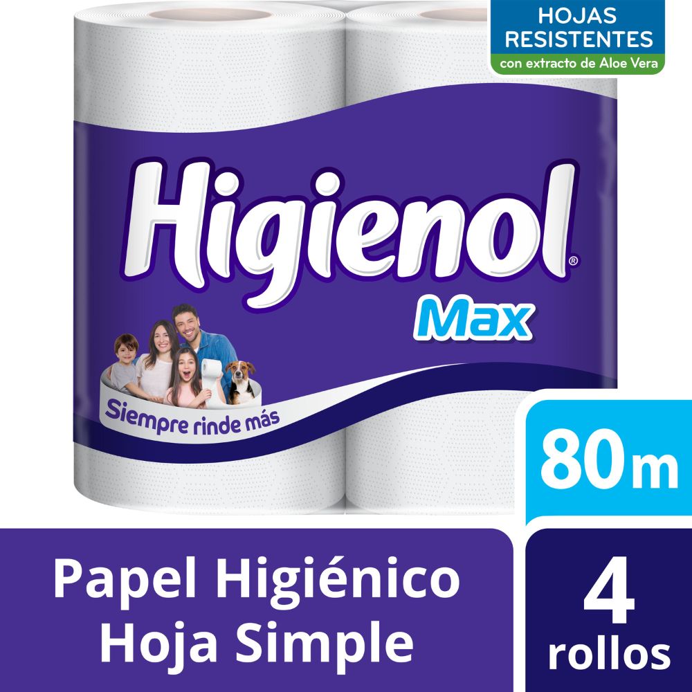 Papel Higiénico Higienol Max hoja simple 80 m 4 Ud.