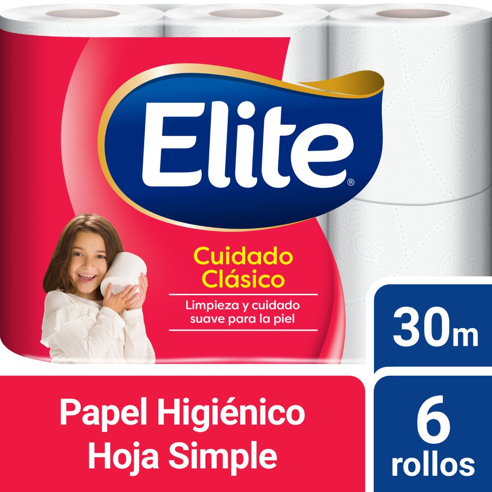 Papel Higiénico Elite Cuidado Clásico hoja simple 30 m 6 Ud.