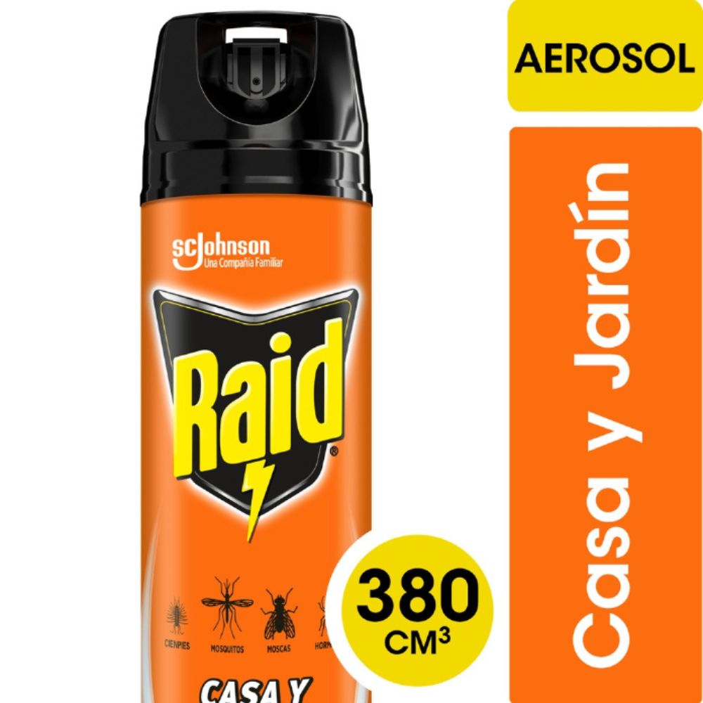 Insecticida Raid Casa y Jardín Mata Moscas y Mosquitos en Aerosol 380 Ml.
