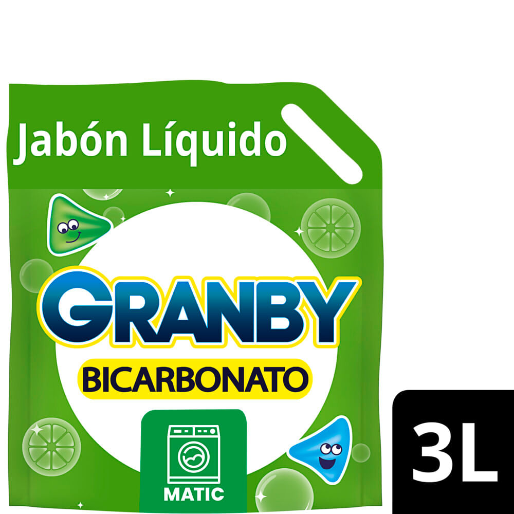 Jabón Liquido Para Lavar Ropa Granby Bicarbonato Baja Espuma De Limón 3 Lt.