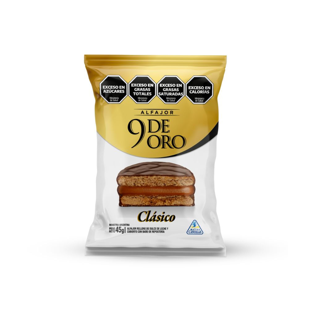 Alfajor Relleno de Dulce de Leche 9 de Oro 45 Gr.