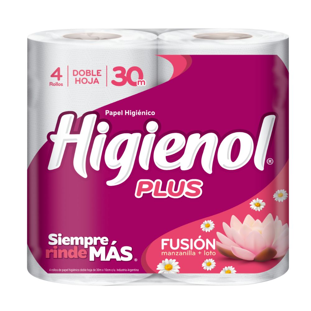 Papel Higiénico Doble Hoja Fusión Manzanilla + Loto Higienol 4 Ud.