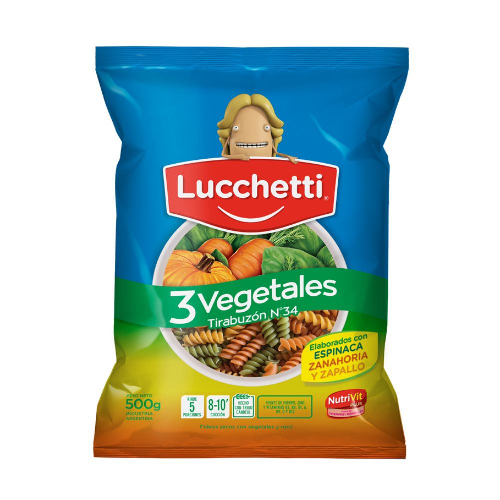 Fideos Tirabuzón 3 vegetales N34 Luchetti 500 Gr.
