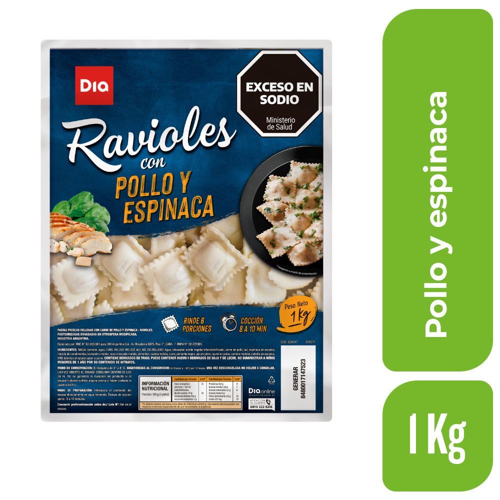 Ravioles DIA Pollo y Espinaca 1 Kg.