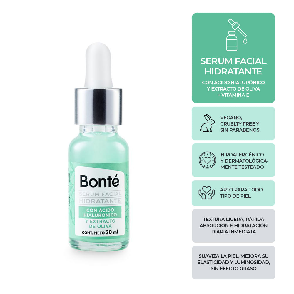 Serum Facial Con Acido Hialuronico y Extracto de Oliva Bonte 20 Ml.