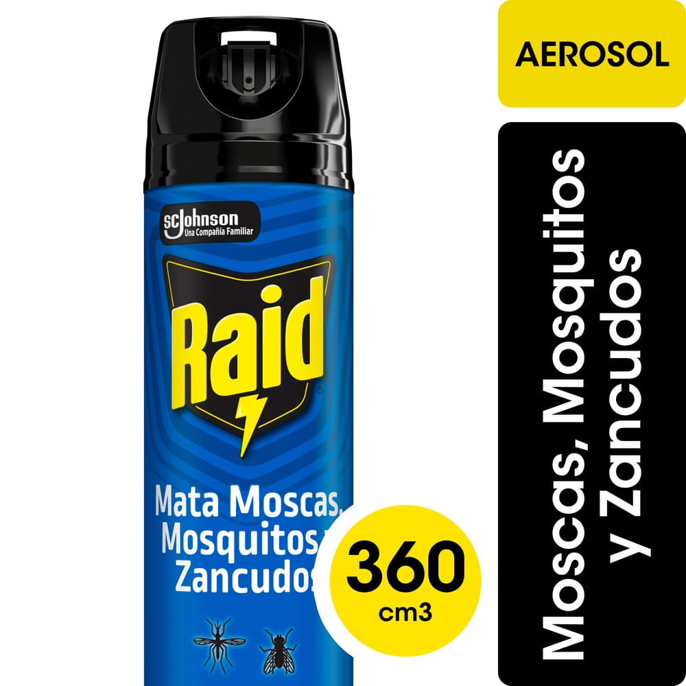 Insecticida Raid Mata Moscas y Mosquitos Nueva Fórmula x2 más rápido en Aerosol 360 Ml.